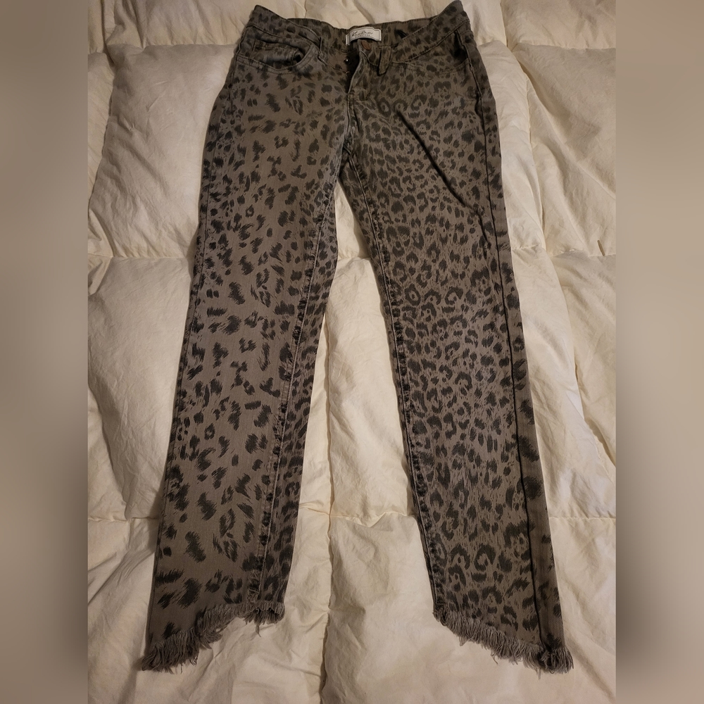 girls KanCan size 12 olive green, leopard print, ankle length jeans